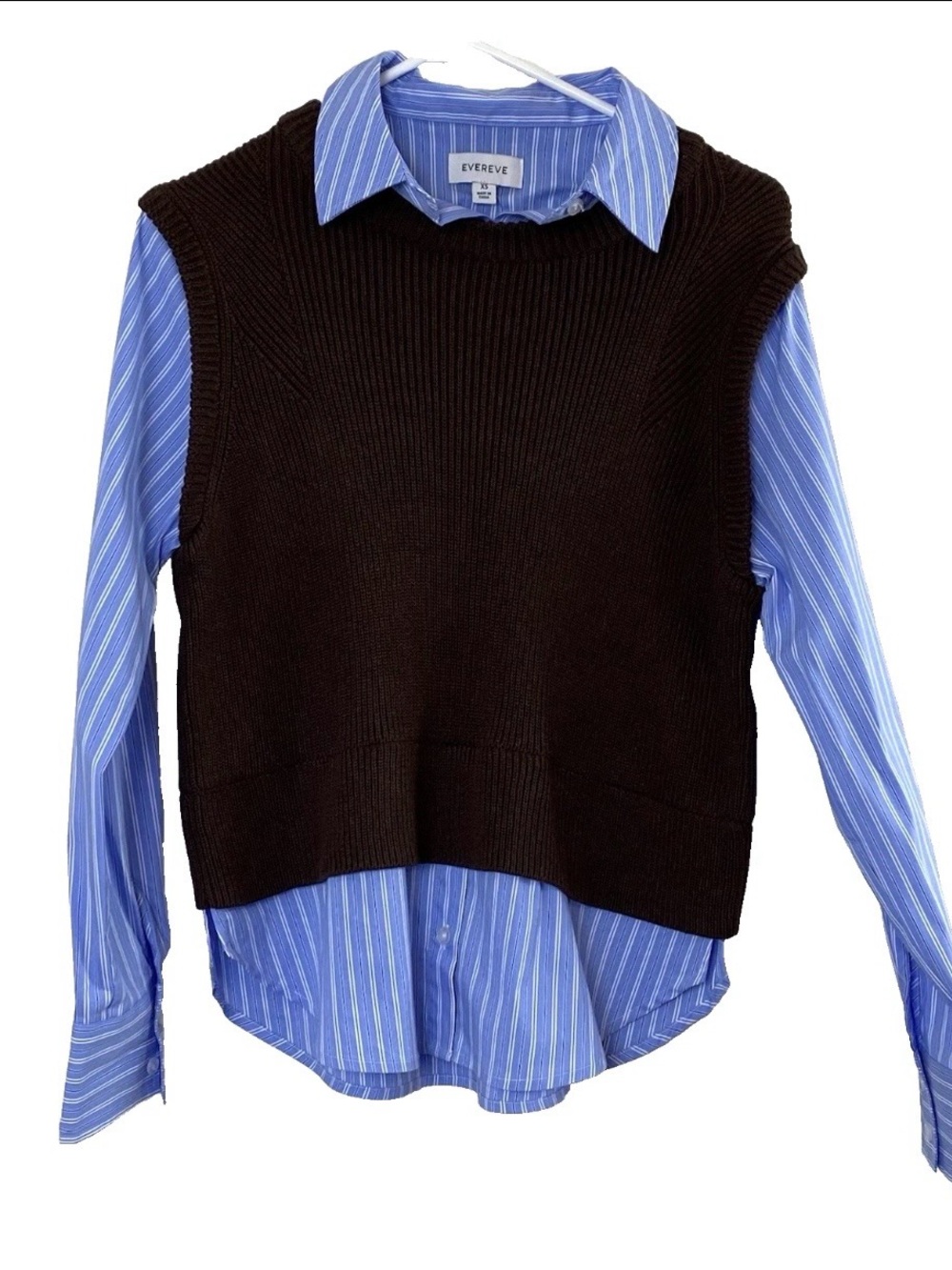 Evereve 2-Fer Blue & White Striped Long Sleeve Shirt w Brown Sweater Vest - XS